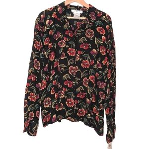 Vintage NWT Jones New York Vienna Long Sleeve Button Front Floral Emerald Blouse